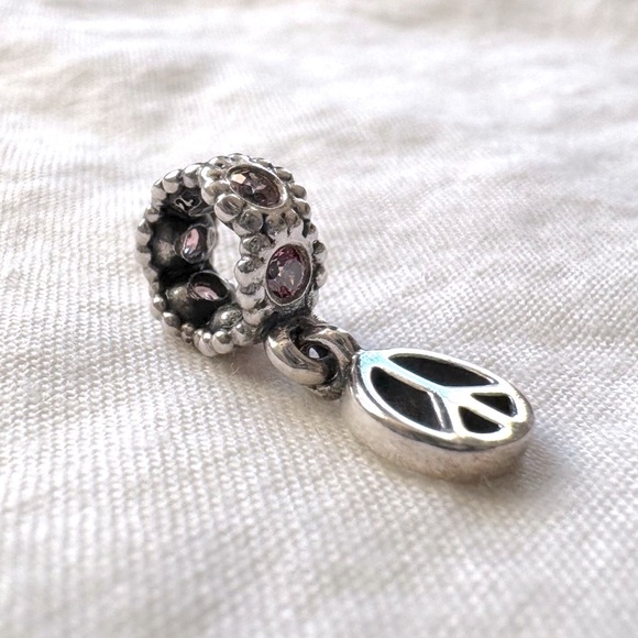 PANDORA CHARM | PEACE SIGN | DANGLE | PINK STONES | STERLING SILVER | 925 ALE - Picture 1 of 5